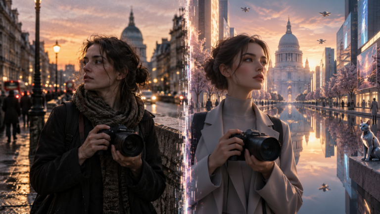 Podeljena scena prikazuje stvarnu fotografkinju i AI generisanu verziju iste scene, kao ilustraciju dileme da li možemo verovati AI fotografijama.
